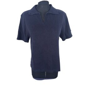 NWT 90s Christopher Banks Women M Black Knit Short Sleeve Top Polo V Neck Casual